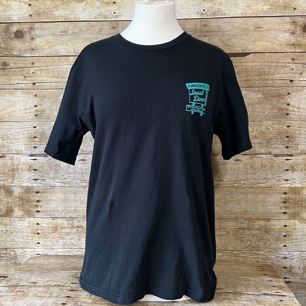 Converse Social Diner Graphic T-Shirt Black Teal Foodie Short Sleeve Womens M